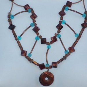 Handmade Brown Bib Statement Necklace With Blue Glass Beads Copper Coated Tubes